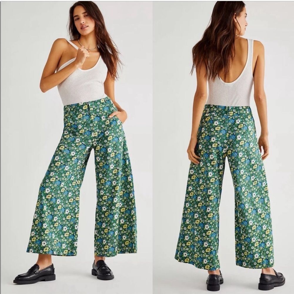 Free People Menocra Floral Wide-Leg Pants 60s 70s Twee Cotton Bohemian Boho